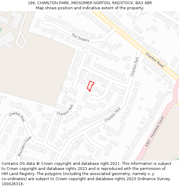 196, CHARLTON PARK, MIDSOMER NORTON, RADSTOCK, BA3 4BR: Location map and indicative extent of plot