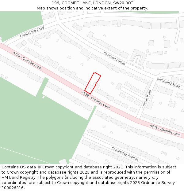 196, COOMBE LANE, LONDON, SW20 0QT: Location map and indicative extent of plot