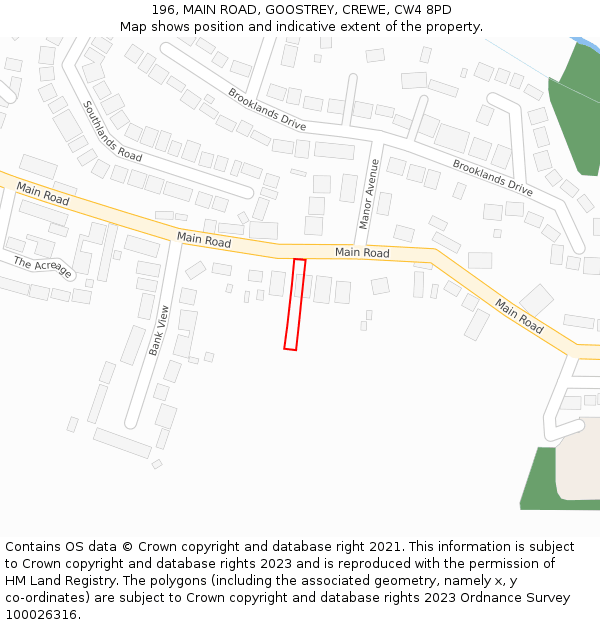 196, MAIN ROAD, GOOSTREY, CREWE, CW4 8PD: Location map and indicative extent of plot
