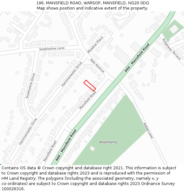 196, MANSFIELD ROAD, WARSOP, MANSFIELD, NG20 0DG: Location map and indicative extent of plot