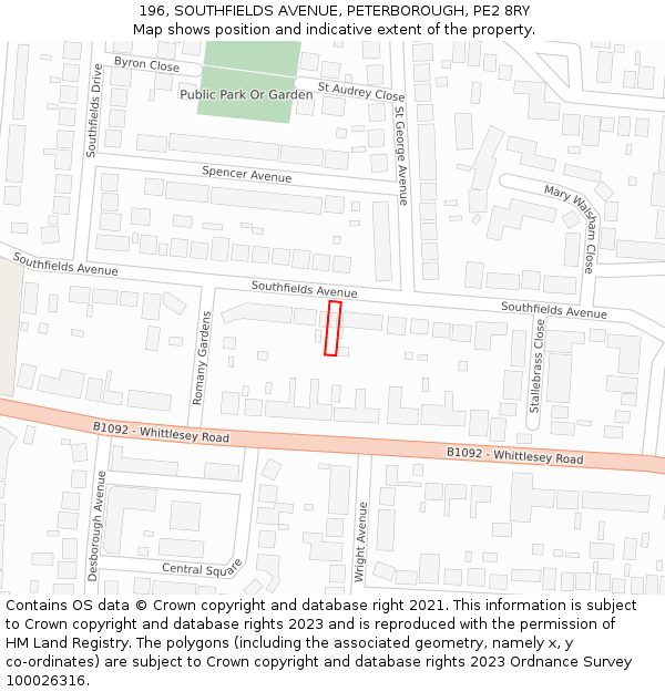 196, SOUTHFIELDS AVENUE, PETERBOROUGH, PE2 8RY: Location map and indicative extent of plot