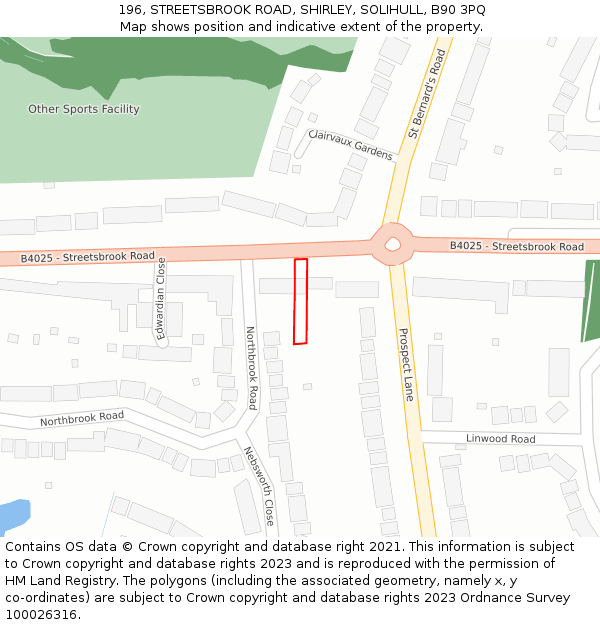 196, STREETSBROOK ROAD, SHIRLEY, SOLIHULL, B90 3PQ: Location map and indicative extent of plot