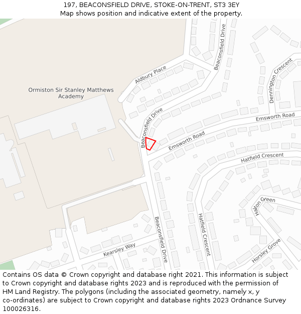 197, BEACONSFIELD DRIVE, STOKE-ON-TRENT, ST3 3EY: Location map and indicative extent of plot