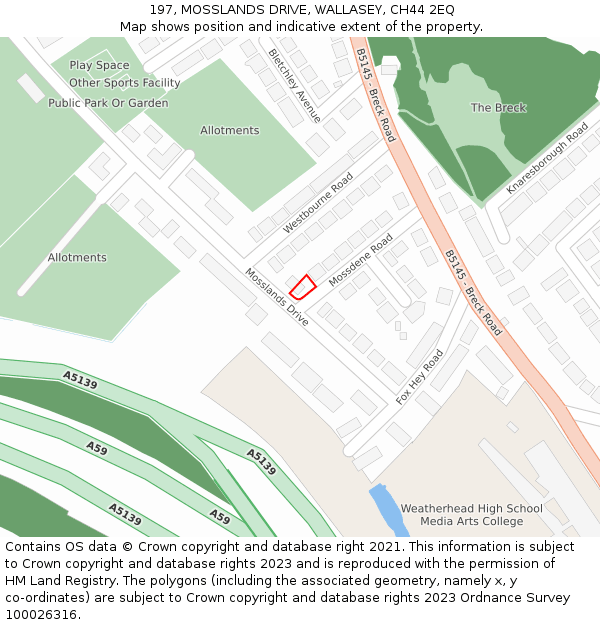 197, MOSSLANDS DRIVE, WALLASEY, CH44 2EQ: Location map and indicative extent of plot