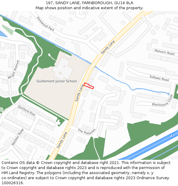 197, SANDY LANE, FARNBOROUGH, GU14 9LA: Location map and indicative extent of plot