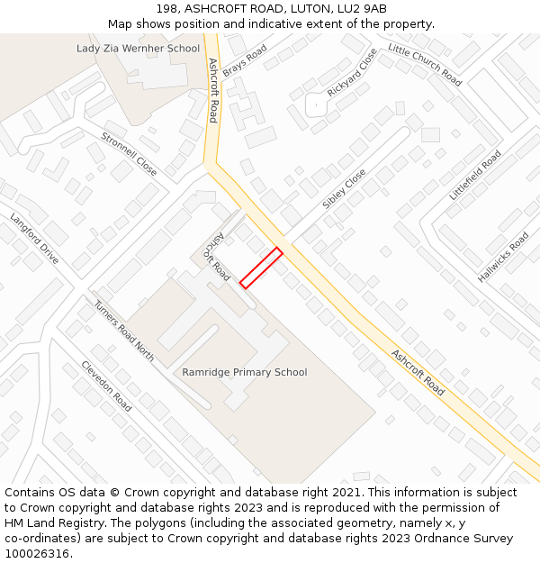 198, ASHCROFT ROAD, LUTON, LU2 9AB: Location map and indicative extent of plot