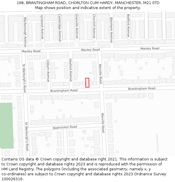 198, BRANTINGHAM ROAD, CHORLTON CUM HARDY, MANCHESTER, M21 0TD: Location map and indicative extent of plot