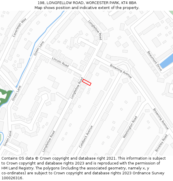 198, LONGFELLOW ROAD, WORCESTER PARK, KT4 8BA: Location map and indicative extent of plot
