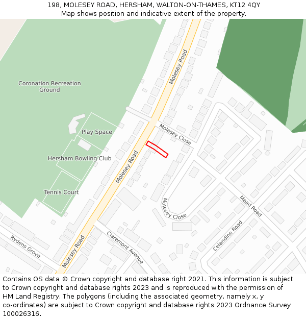 198, MOLESEY ROAD, HERSHAM, WALTON-ON-THAMES, KT12 4QY: Location map and indicative extent of plot