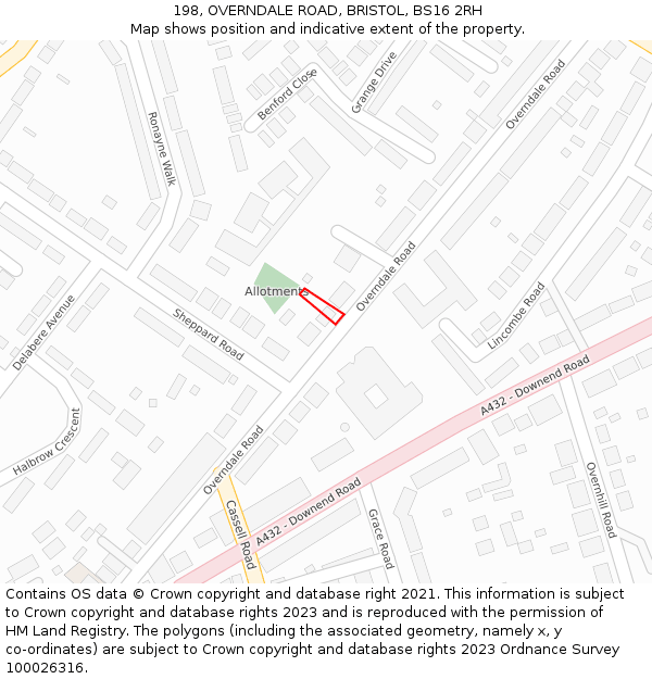 198, OVERNDALE ROAD, BRISTOL, BS16 2RH: Location map and indicative extent of plot