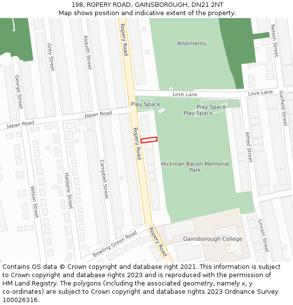 198, ROPERY ROAD, GAINSBOROUGH, DN21 2NT: Location map and indicative extent of plot