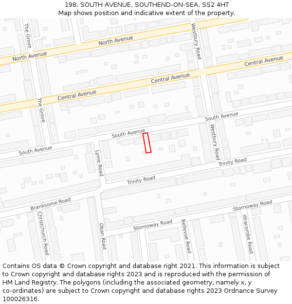 198, SOUTH AVENUE, SOUTHEND-ON-SEA, SS2 4HT: Location map and indicative extent of plot