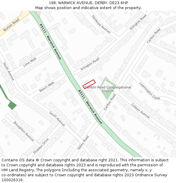 198, WARWICK AVENUE, DERBY, DE23 6HP: Location map and indicative extent of plot