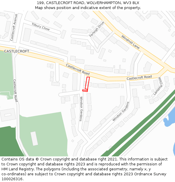 199, CASTLECROFT ROAD, WOLVERHAMPTON, WV3 8LX: Location map and indicative extent of plot