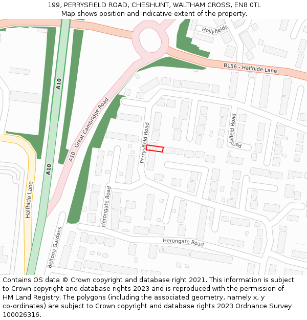 199, PERRYSFIELD ROAD, CHESHUNT, WALTHAM CROSS, EN8 0TL: Location map and indicative extent of plot