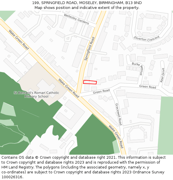 199, SPRINGFIELD ROAD, MOSELEY, BIRMINGHAM, B13 9ND: Location map and indicative extent of plot