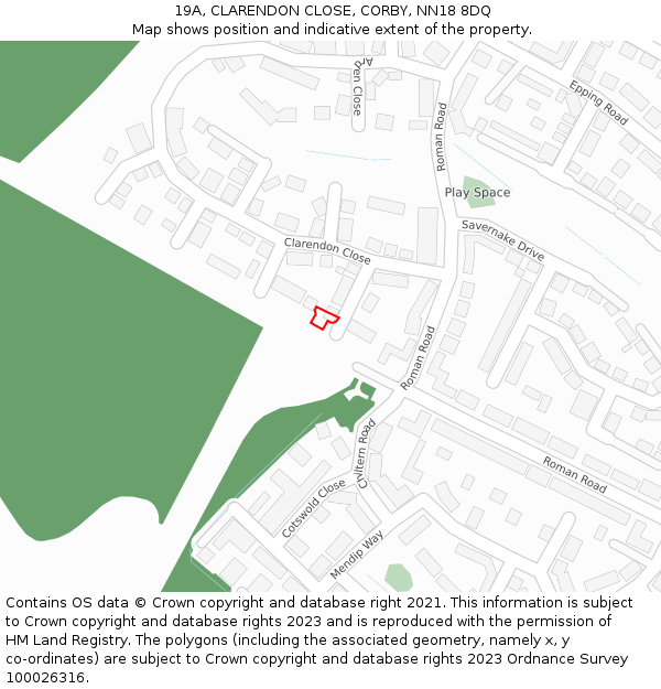 19A, CLARENDON CLOSE, CORBY, NN18 8DQ: Location map and indicative extent of plot