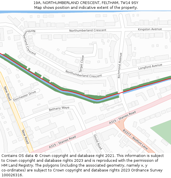 19A, NORTHUMBERLAND CRESCENT, FELTHAM, TW14 9SY: Location map and indicative extent of plot