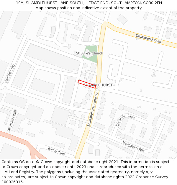 19A, SHAMBLEHURST LANE SOUTH, HEDGE END, SOUTHAMPTON, SO30 2FN: Location map and indicative extent of plot