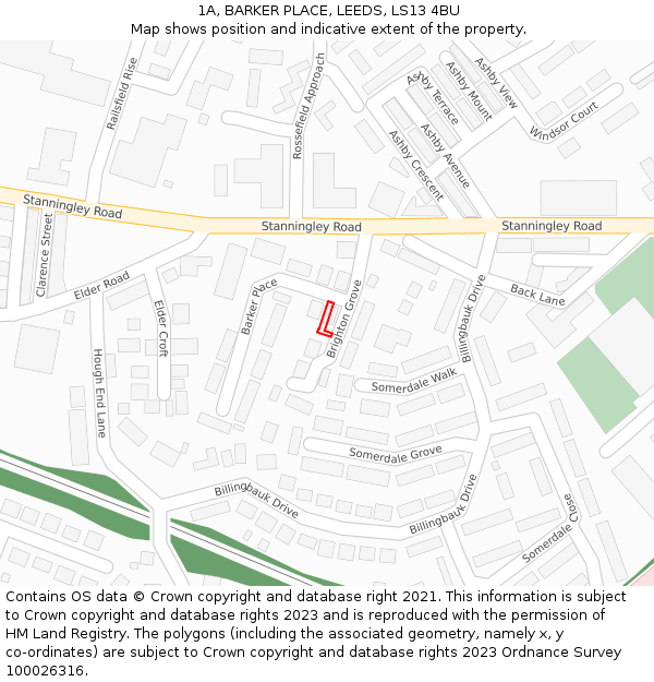 1A, BARKER PLACE, LEEDS, LS13 4BU: Location map and indicative extent of plot
