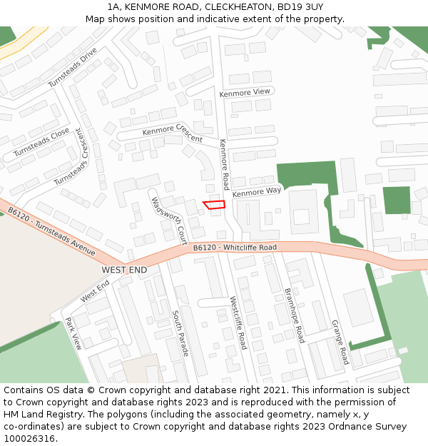 1A, KENMORE ROAD, CLECKHEATON, BD19 3UY: Location map and indicative extent of plot
