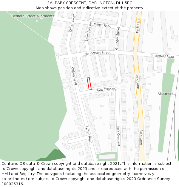 1A, PARK CRESCENT, DARLINGTON, DL1 5EG: Location map and indicative extent of plot