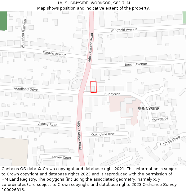 1A, SUNNYSIDE, WORKSOP, S81 7LN: Location map and indicative extent of plot