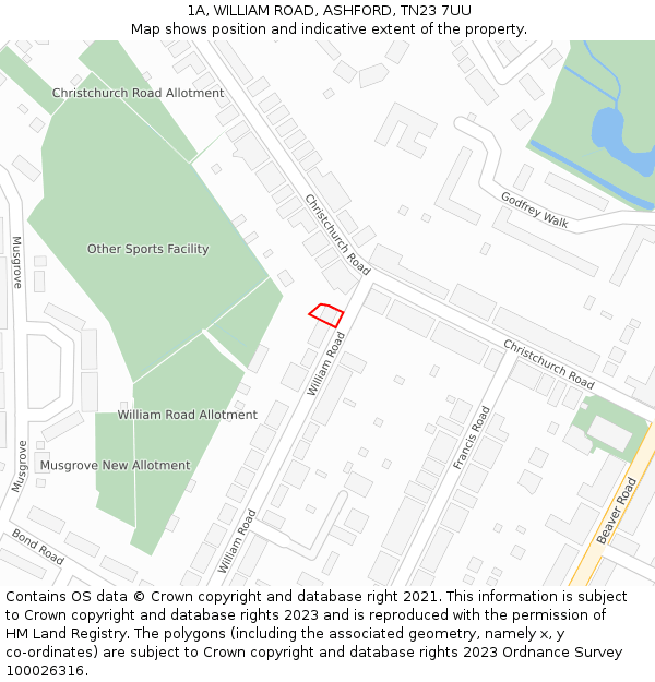 1A, WILLIAM ROAD, ASHFORD, TN23 7UU: Location map and indicative extent of plot