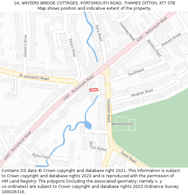 1A, WINTERS BRIDGE COTTAGES, PORTSMOUTH ROAD, THAMES DITTON, KT7 0TB: Location map and indicative extent of plot