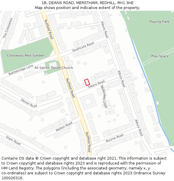 1B, DEANS ROAD, MERSTHAM, REDHILL, RH1 3HE: Location map and indicative extent of plot