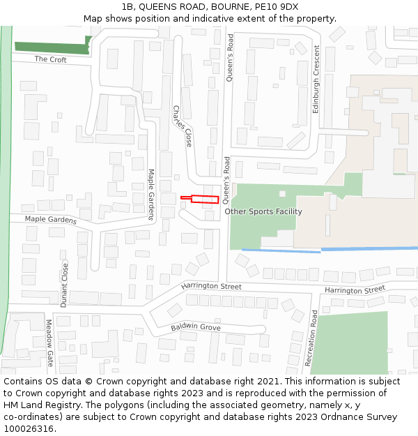 1B, QUEENS ROAD, BOURNE, PE10 9DX: Location map and indicative extent of plot