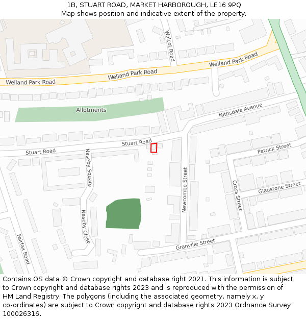 1B, STUART ROAD, MARKET HARBOROUGH, LE16 9PQ: Location map and indicative extent of plot