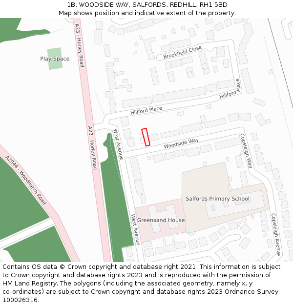 1B, WOODSIDE WAY, SALFORDS, REDHILL, RH1 5BD: Location map and indicative extent of plot