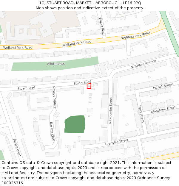 1C, STUART ROAD, MARKET HARBOROUGH, LE16 9PQ: Location map and indicative extent of plot