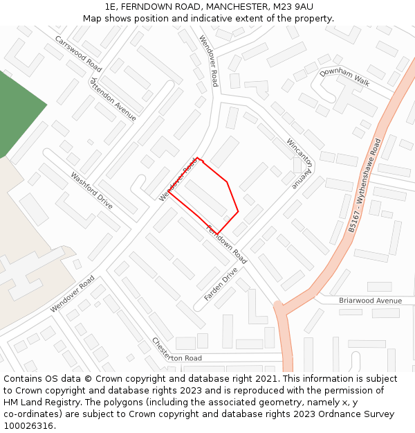 1E, FERNDOWN ROAD, MANCHESTER, M23 9AU: Location map and indicative extent of plot