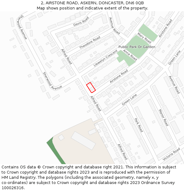 2, AIRSTONE ROAD, ASKERN, DONCASTER, DN6 0QB: Location map and indicative extent of plot