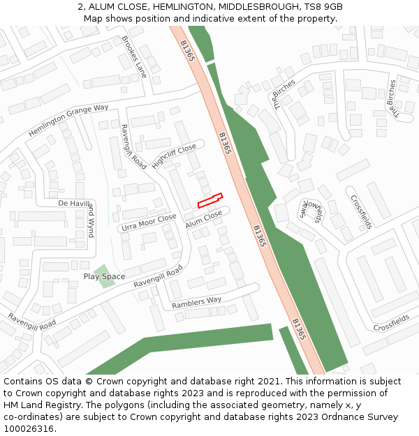 2, ALUM CLOSE, HEMLINGTON, MIDDLESBROUGH, TS8 9GB: Location map and indicative extent of plot