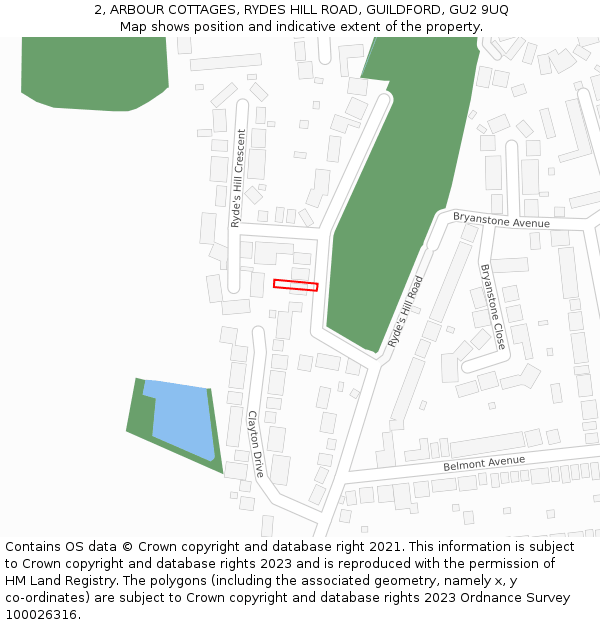 2, ARBOUR COTTAGES, RYDES HILL ROAD, GUILDFORD, GU2 9UQ: Location map and indicative extent of plot