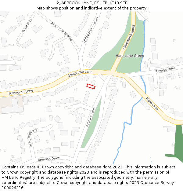 2, ARBROOK LANE, ESHER, KT10 9EE: Location map and indicative extent of plot
