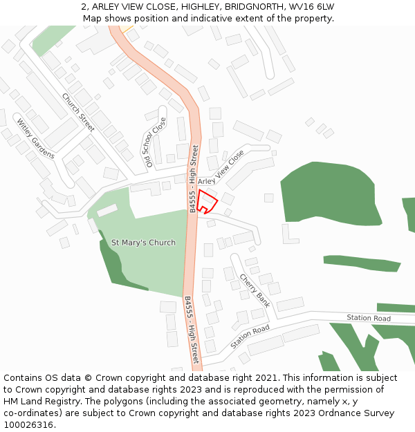 2, ARLEY VIEW CLOSE, HIGHLEY, BRIDGNORTH, WV16 6LW: Location map and indicative extent of plot