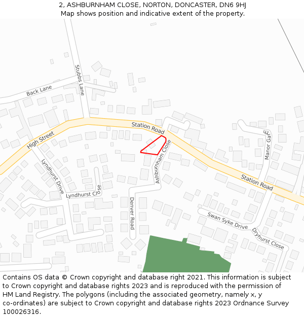 2, ASHBURNHAM CLOSE, NORTON, DONCASTER, DN6 9HJ: Location map and indicative extent of plot