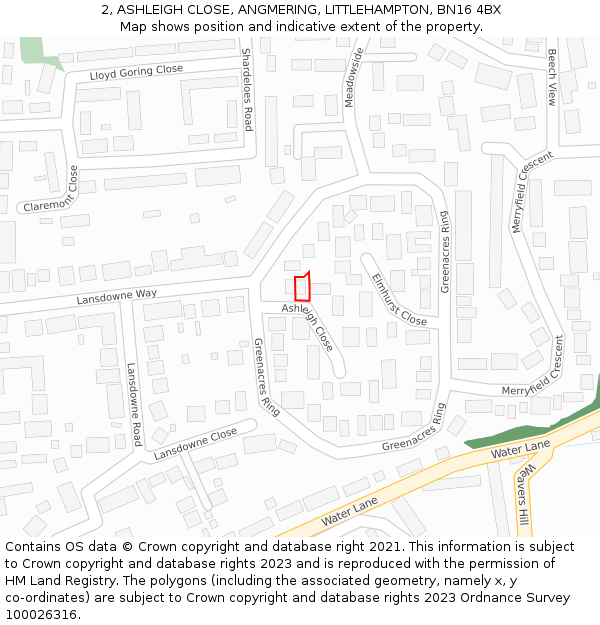 2, ASHLEIGH CLOSE, ANGMERING, LITTLEHAMPTON, BN16 4BX: Location map and indicative extent of plot