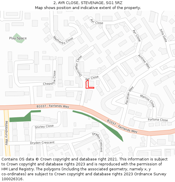 2, AYR CLOSE, STEVENAGE, SG1 5RZ: Location map and indicative extent of plot