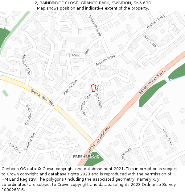 2, BAINBRIDGE CLOSE, GRANGE PARK, SWINDON, SN5 6BD: Location map and indicative extent of plot
