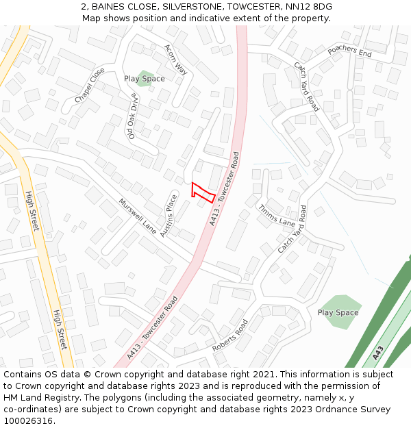 2, BAINES CLOSE, SILVERSTONE, TOWCESTER, NN12 8DG: Location map and indicative extent of plot