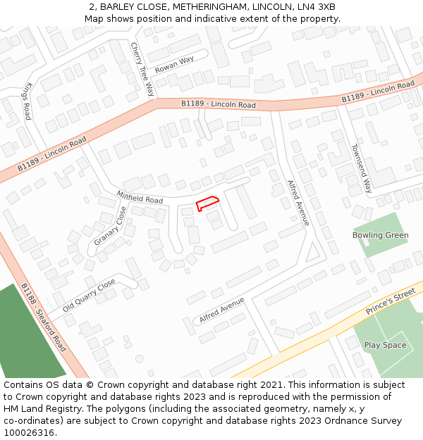 2, BARLEY CLOSE, METHERINGHAM, LINCOLN, LN4 3XB: Location map and indicative extent of plot