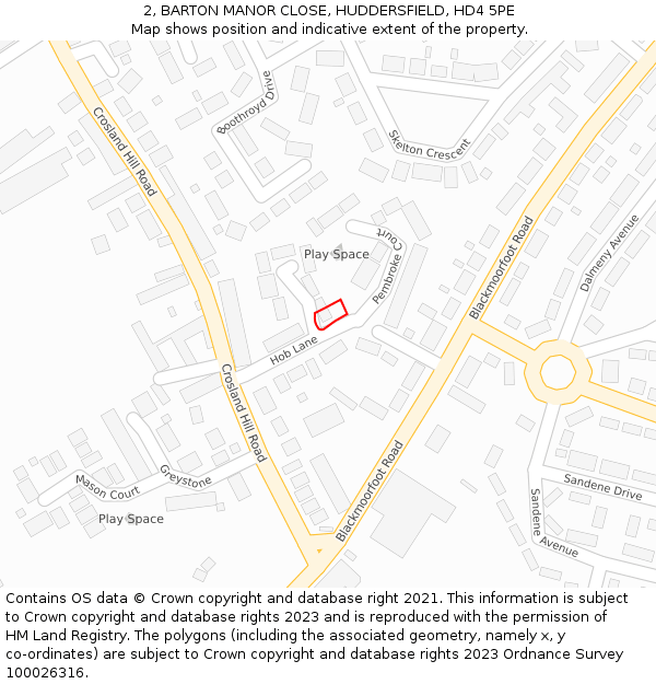2, BARTON MANOR CLOSE, HUDDERSFIELD, HD4 5PE: Location map and indicative extent of plot