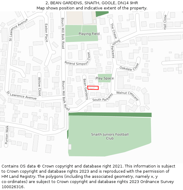 2, BEAN GARDENS, SNAITH, GOOLE, DN14 9HR: Location map and indicative extent of plot