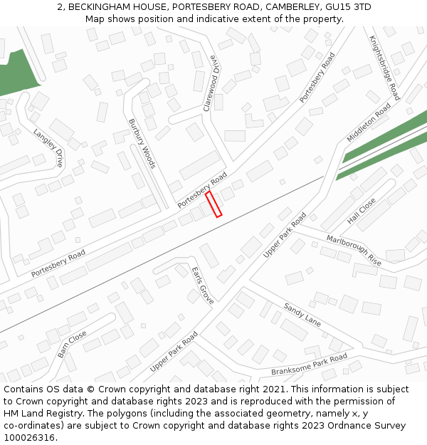 2, BECKINGHAM HOUSE, PORTESBERY ROAD, CAMBERLEY, GU15 3TD: Location map and indicative extent of plot