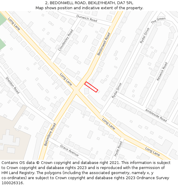 2, BEDONWELL ROAD, BEXLEYHEATH, DA7 5PL: Location map and indicative extent of plot